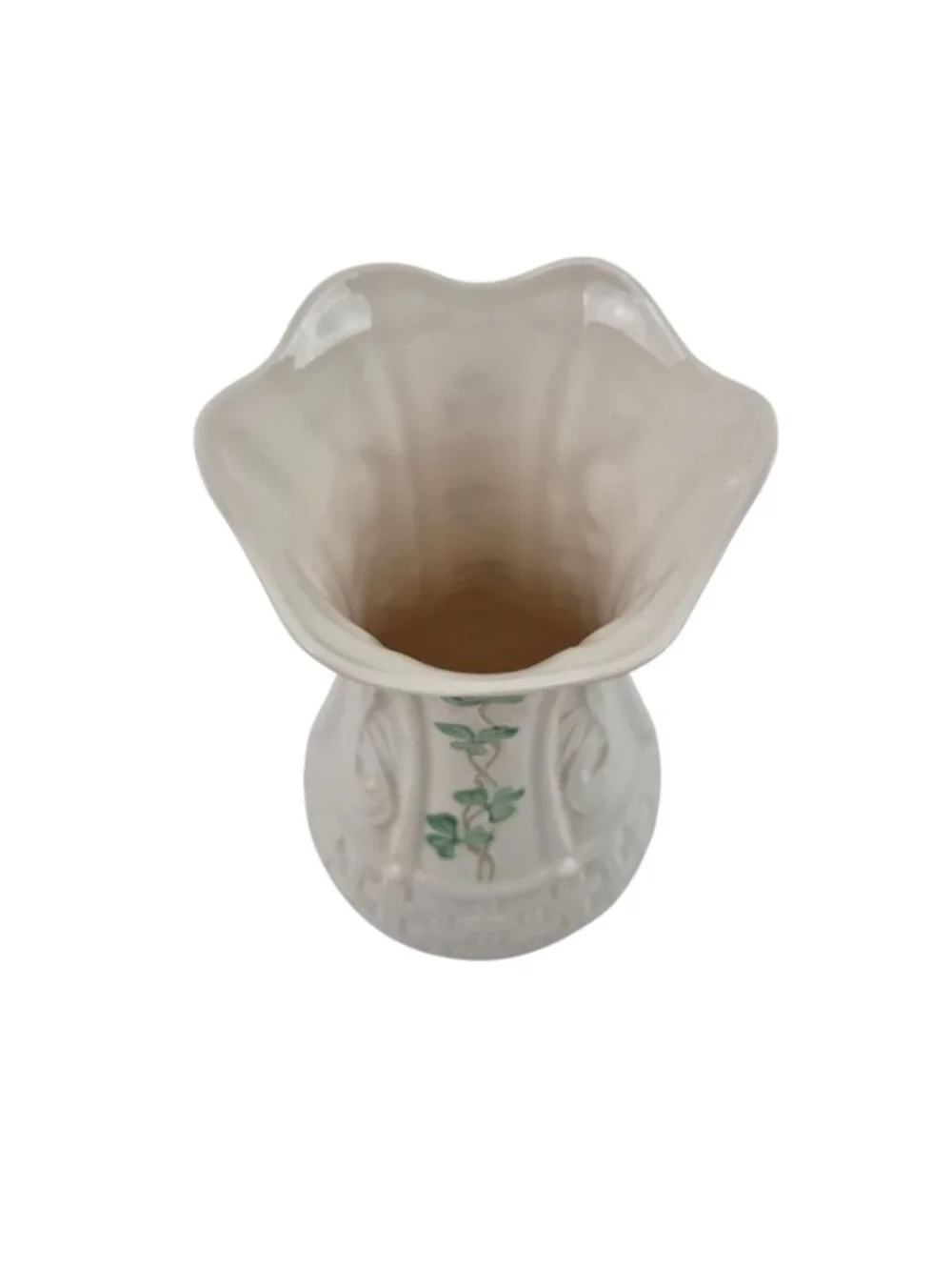 Belleek Shamrock Kells Vase Porcelain 6 in Basketweave Green Mark Vintage